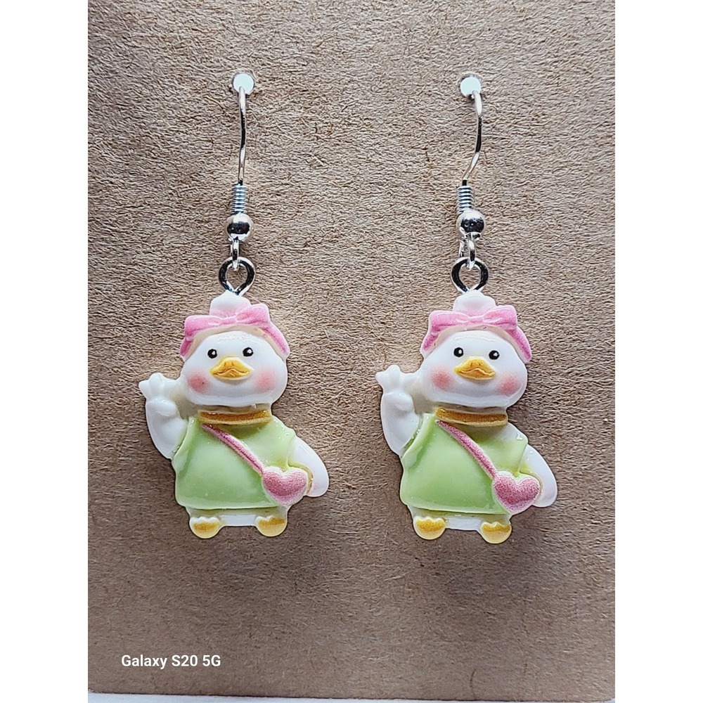 White Duckling in Green Dress Pink Bow Resin Drop Earrings Silver Tone Hooks